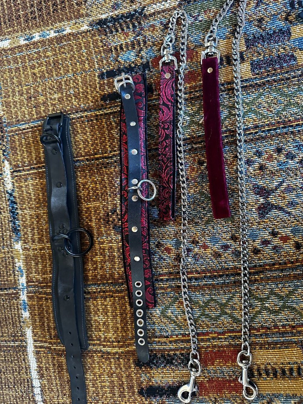 Leather BDSM Collars, Leashes & Velvet Restraint Set – Multiple Pieces –